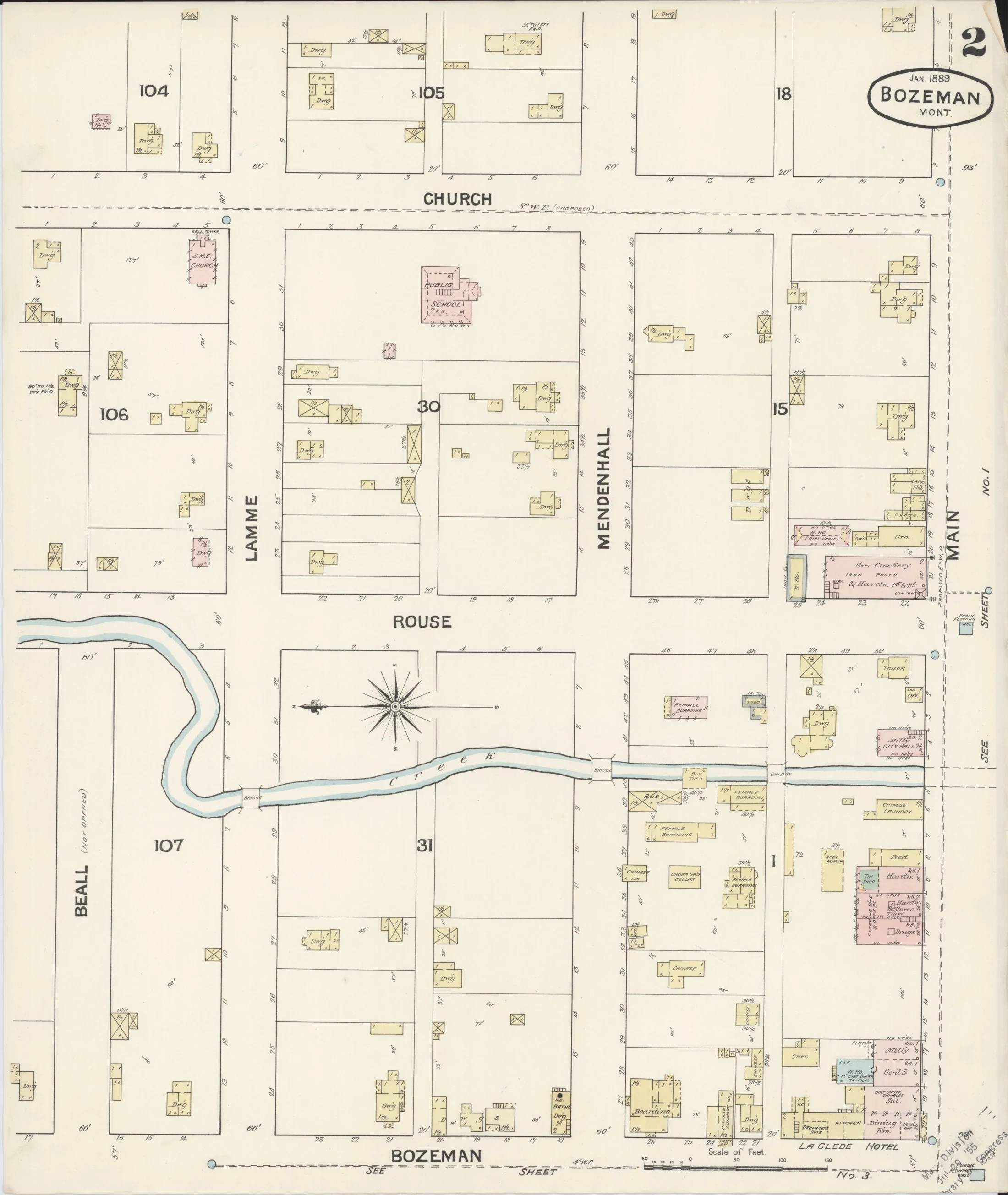 Sheet 2 of the January 1889 Sanborn fire insurance map of Bozeman