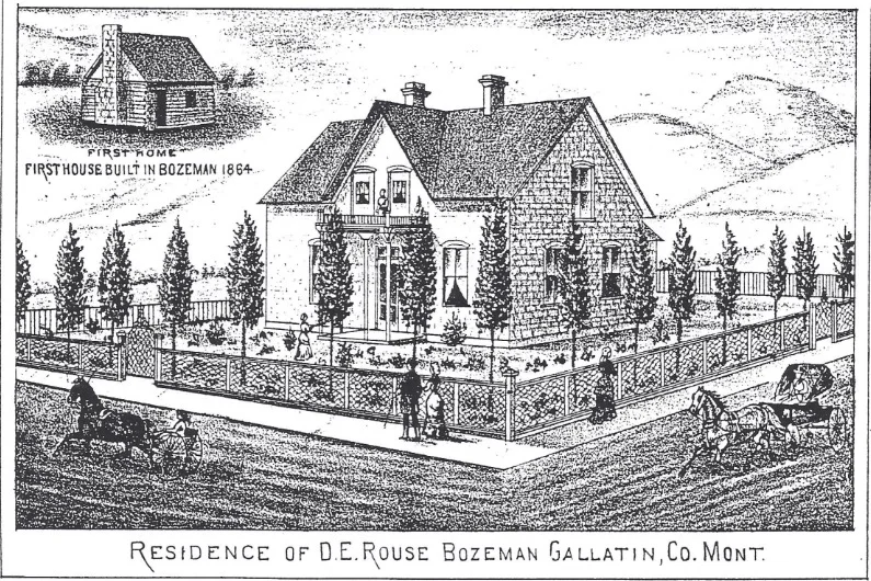 Historic illustration labeled Residence of D. E. Rouse, Bozeman, Gallatin County, Montana